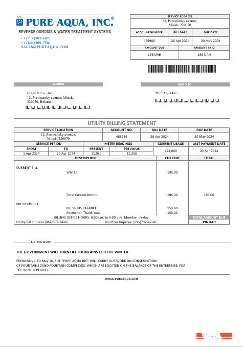 Belarus Pure Aqua Inc business utility bill Word and PDF template PSD template